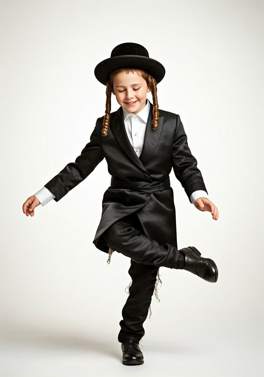 Authentic Hasidic Boy in Traditional Velvet Hat and Satin Su...