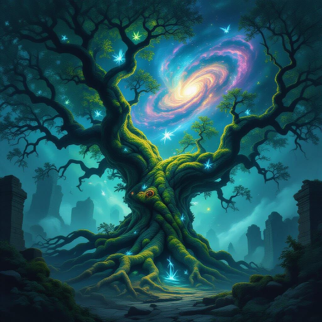 Ancient Tree Nexus: Ruins and Nebula in Dark Fantasy Art