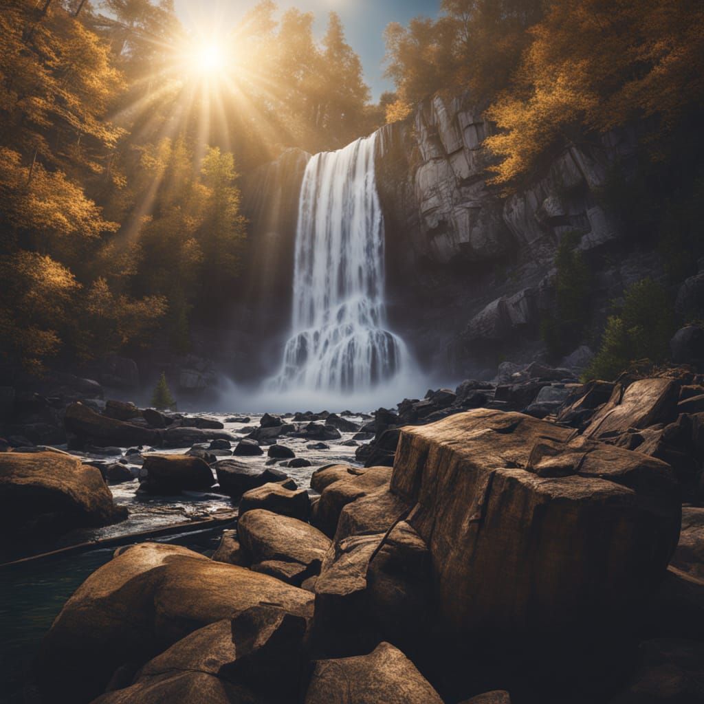 Hyperrealistic Waterfall in Golden Hour Light