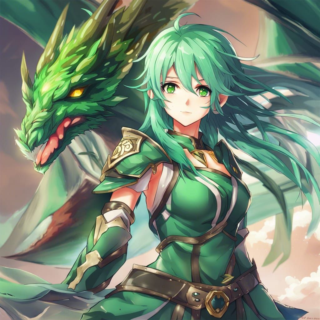 Anime Wind Dragon Mage with Green Hair