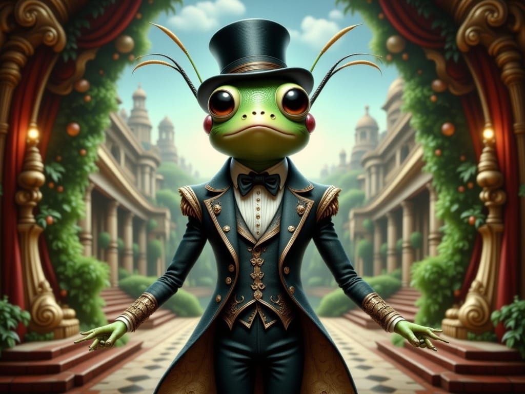 Ethereal Opera Grasshopper in Whimsical Cityscape