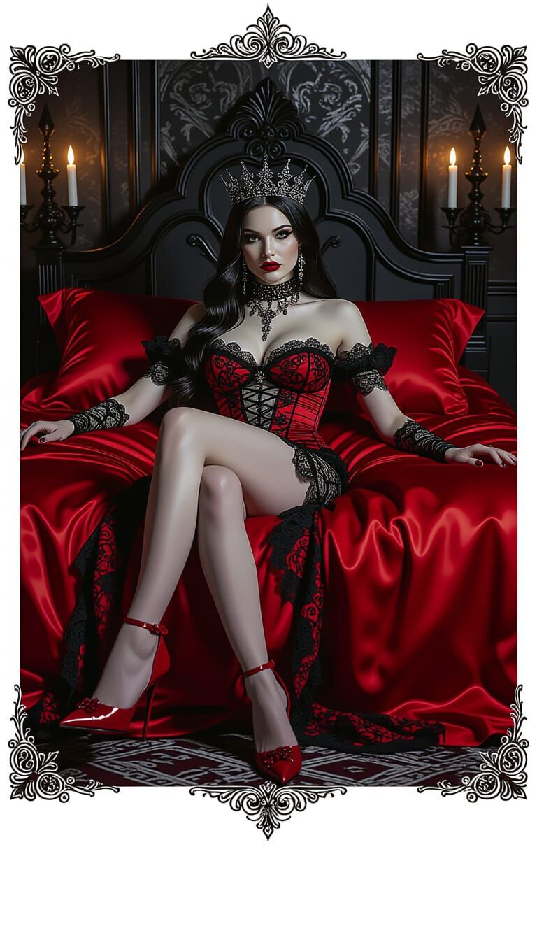 Gothic Queen Reclining in Candlelit Bedroom