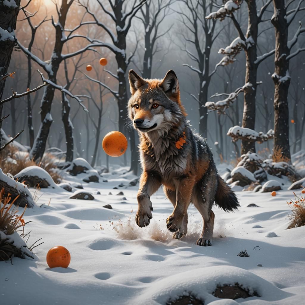 Wolf Cub's Snowy Playtime: Detailed Matte Painting