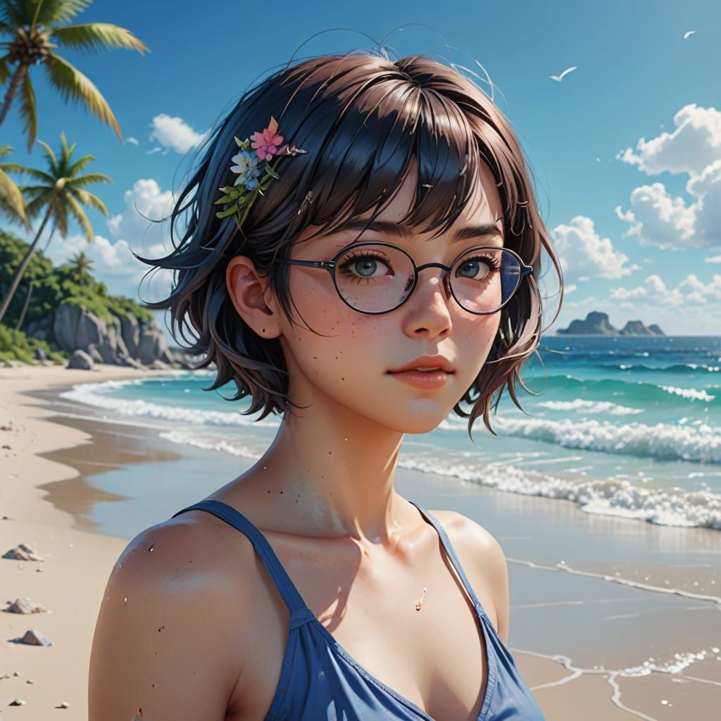 Anime Beach Portrait of a Nerdy Woman