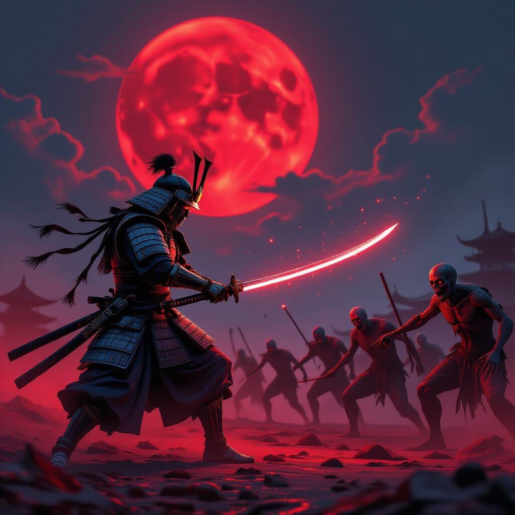 Samurai Battles Zombie Army with Glowing Black Sword