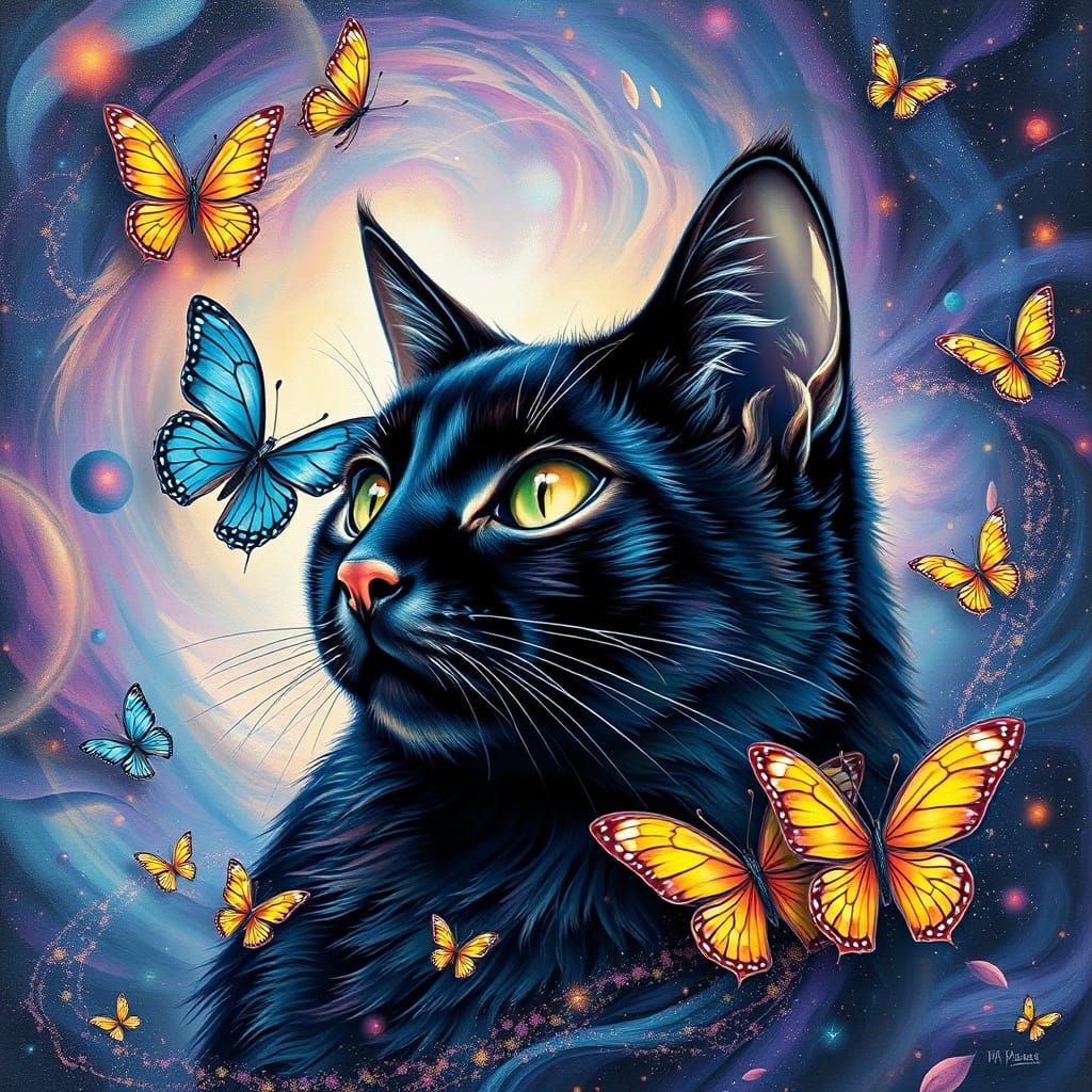 Surreal Cosmic Cat in Iridescent Hues and Astral Butterflies