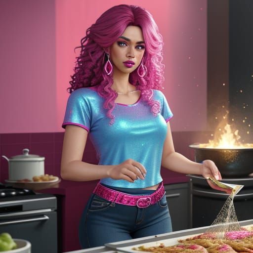 Latina Chef Cooking in Fantastical Kitchen