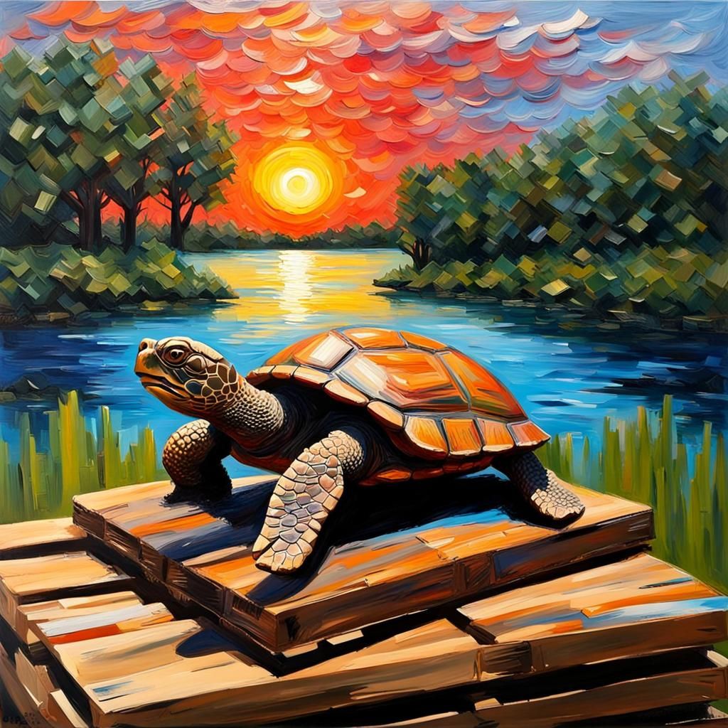 Turtle Observes Sunset as Impasto 3D Render