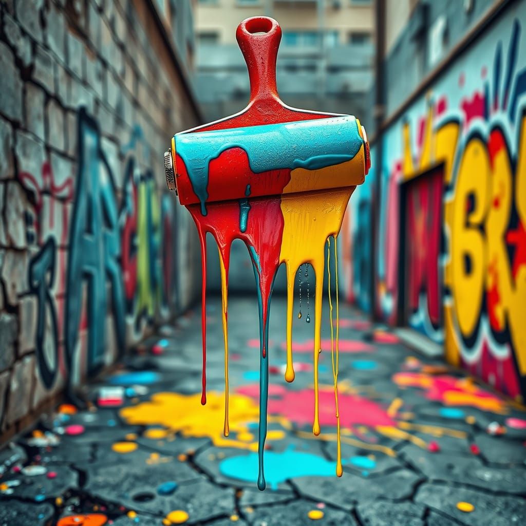 Vibrant Street Art Scene with Paint Roller in Mid-Air