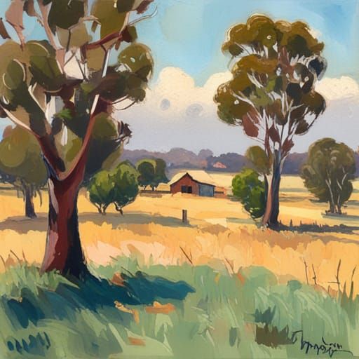 Australian Farm Scene in Gouache Impressionist Style