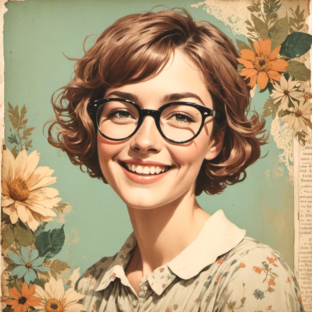 Vintage Collage: Short-Haired Woman Smiling