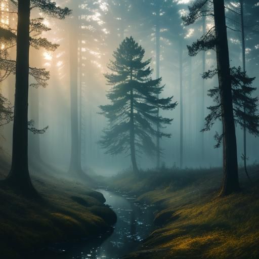 Misty Forest with Sunbeams: Hyperrealistic HDR Image