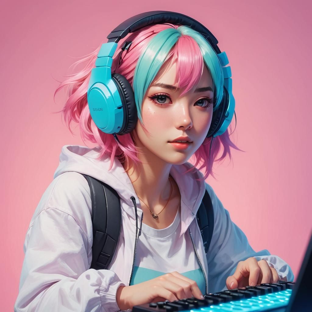 Anime Gamer Girl Portrait in Pastel Colors