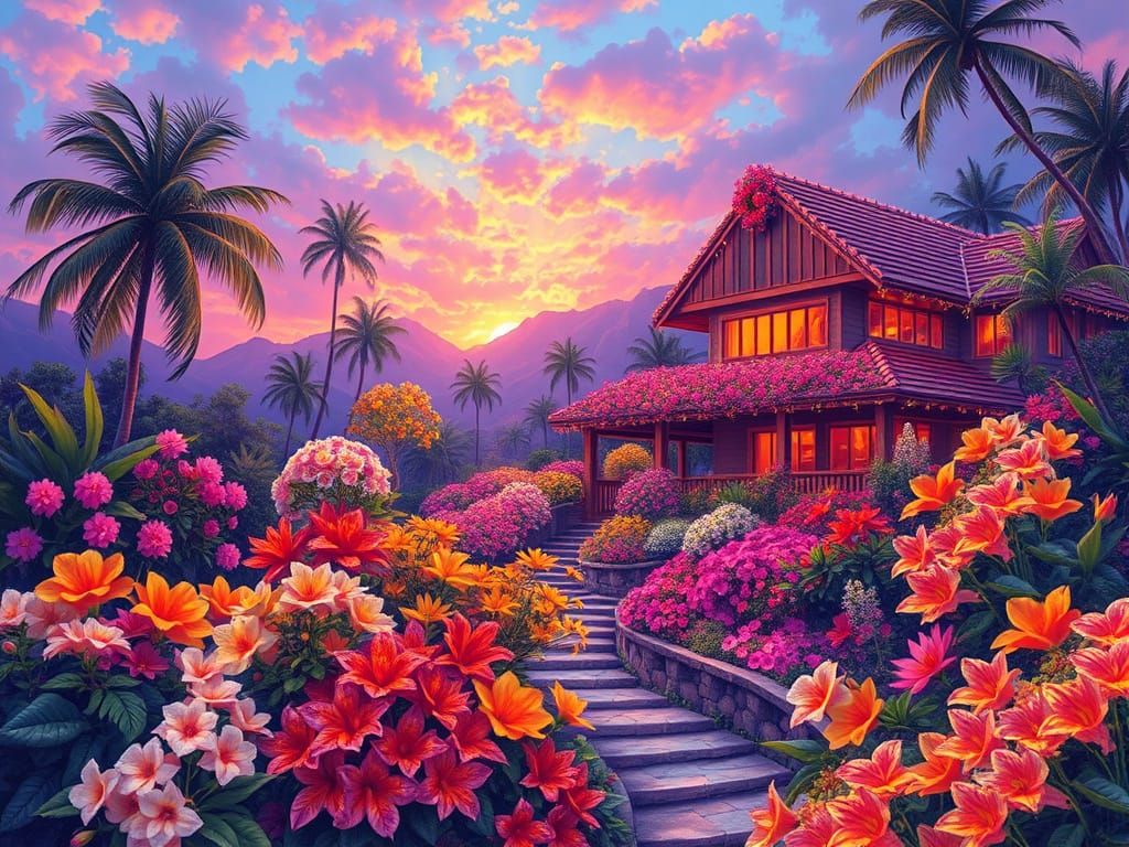Ethereal Hawaiian Flower Garden in Luminous Style