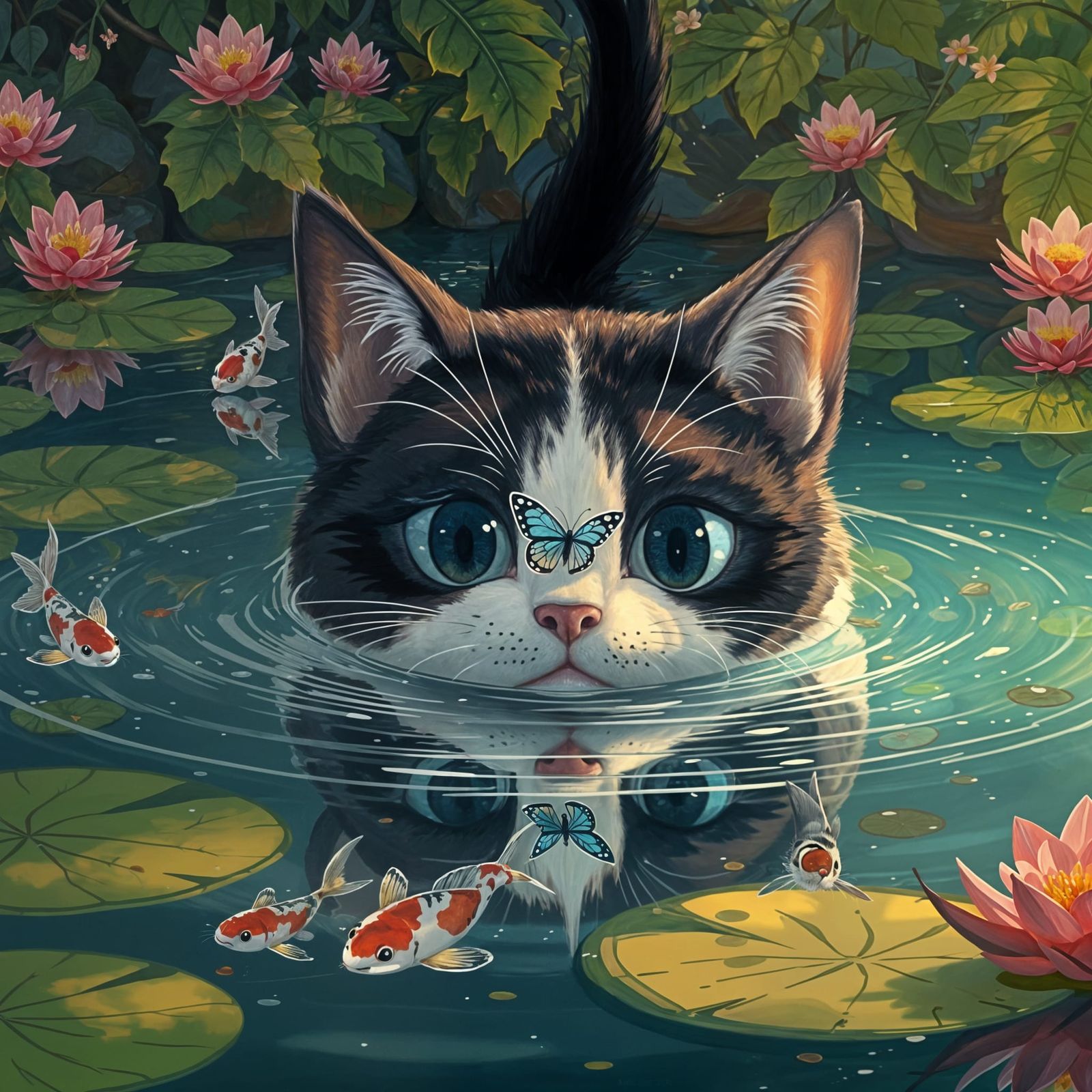 Cute Tuxedo Cat in Lake, Pixar Animation Still