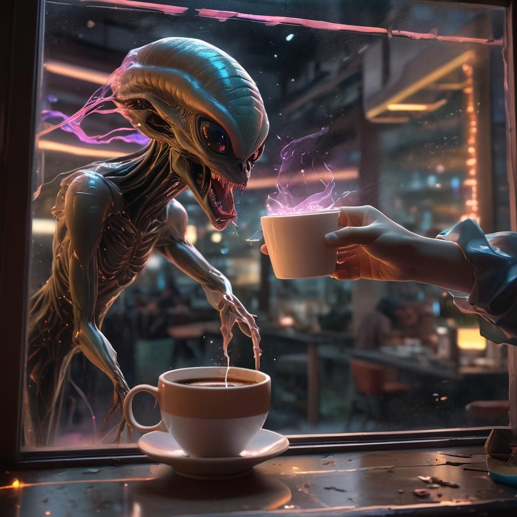 Alien Coffee Heist in Anime Style