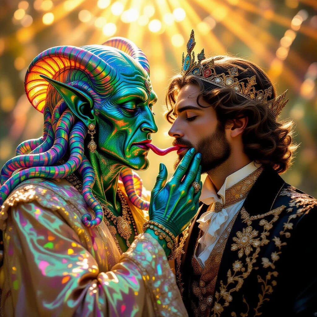 Rainbow Cthulhu Licking a Prince, Pre-Raphaelite Style