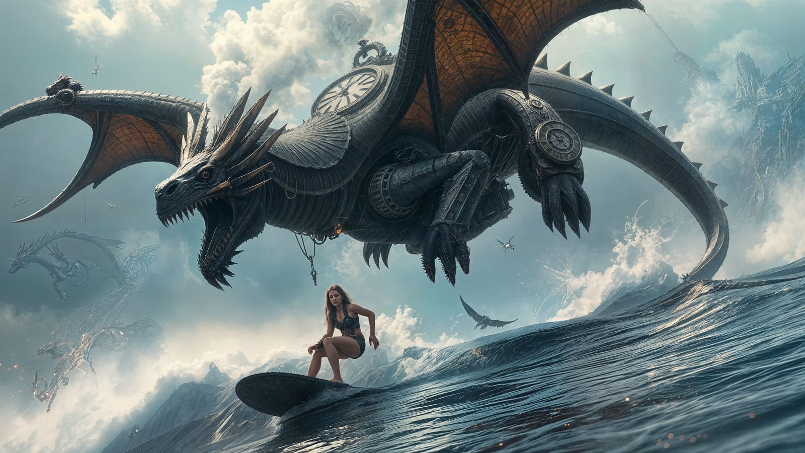 Clockwork Steampunk Dragon Spewing Neon Mist