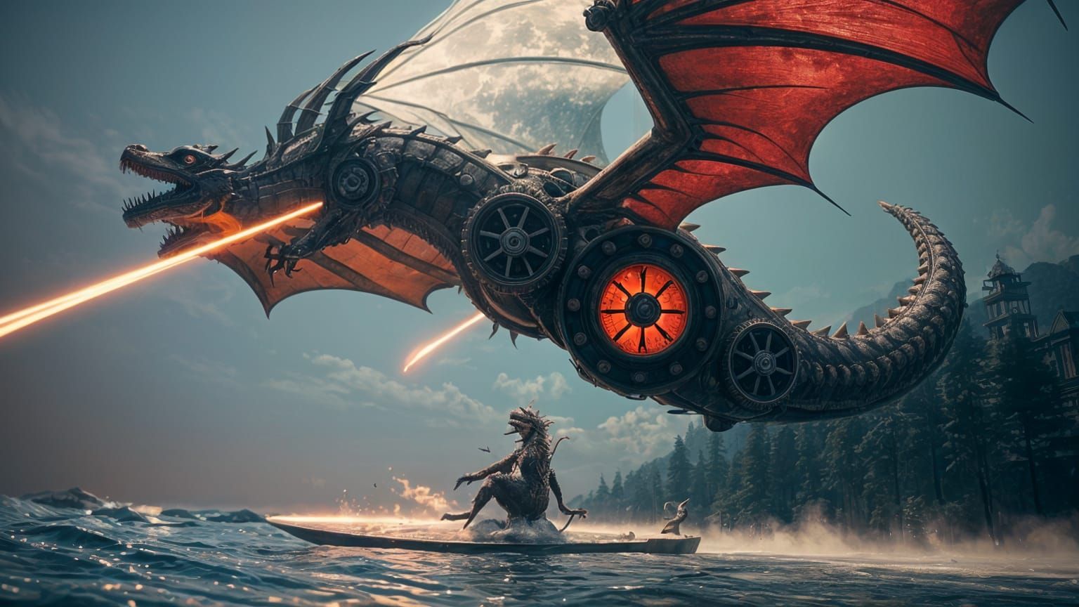 Clockwork Steampunk Dragon Spewing Neon Mist