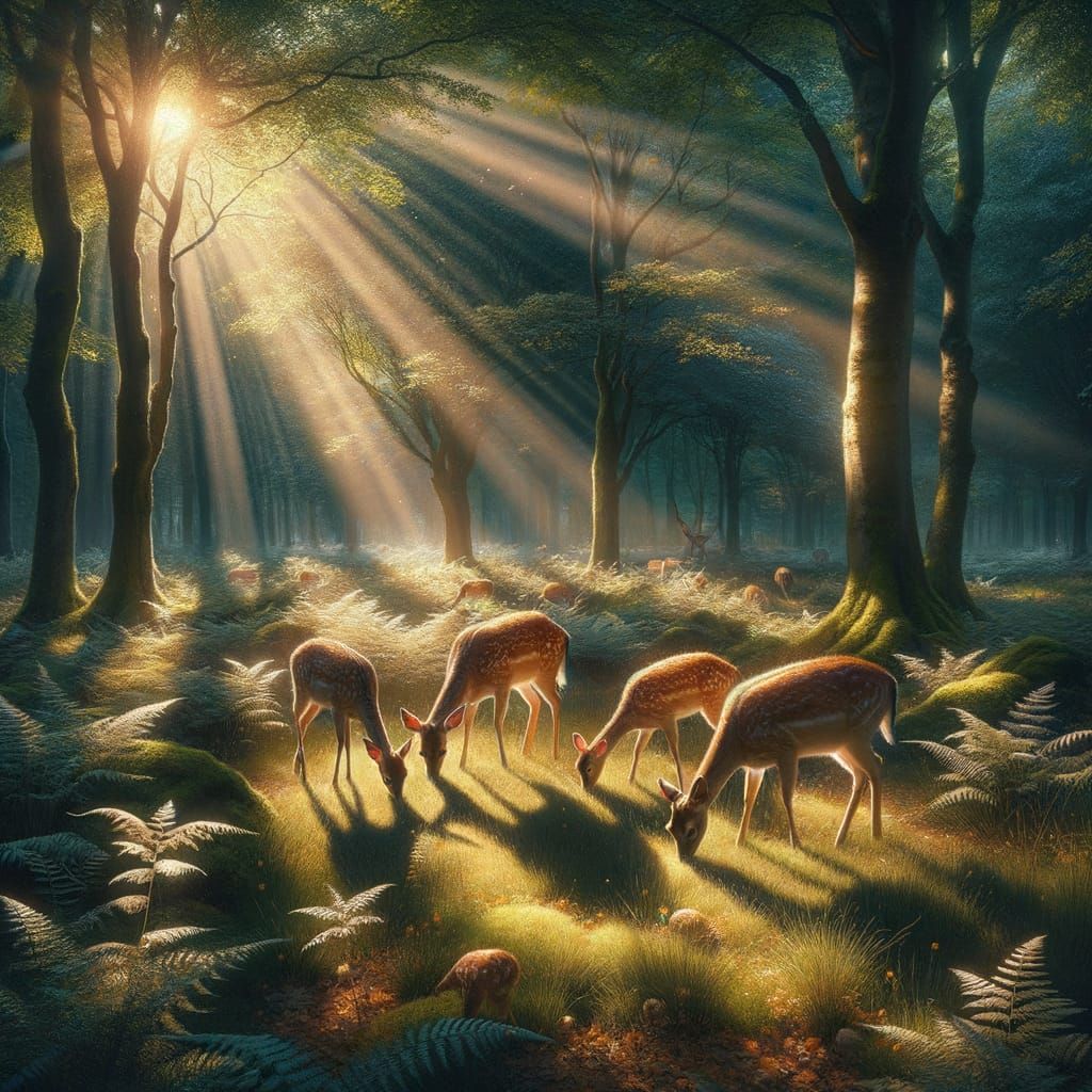 A family of deer grazes