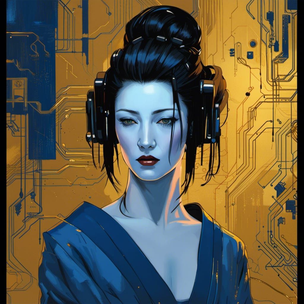 Cyberpunk Geisha with Golden Circuitry in Oil Painting Style