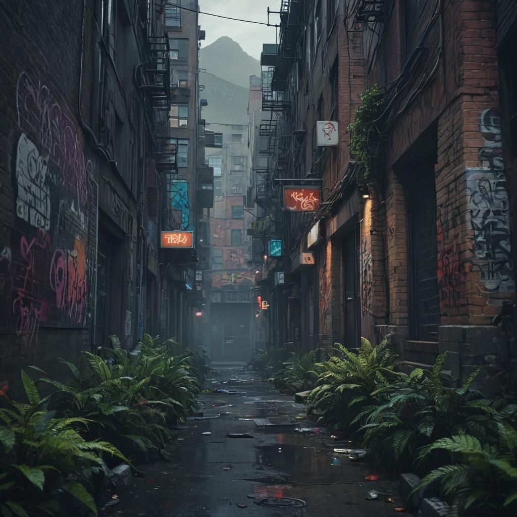 Hyperrealistic City Alley with Graffiti and Misty Mountains