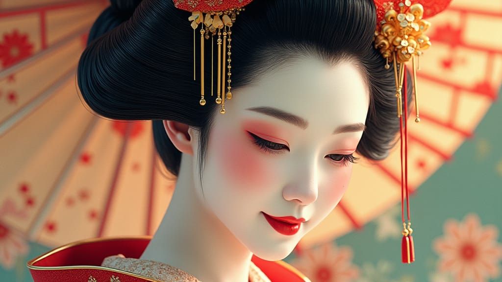 Smiling Geisha Portrait in Ukiyo-e and Anime Style