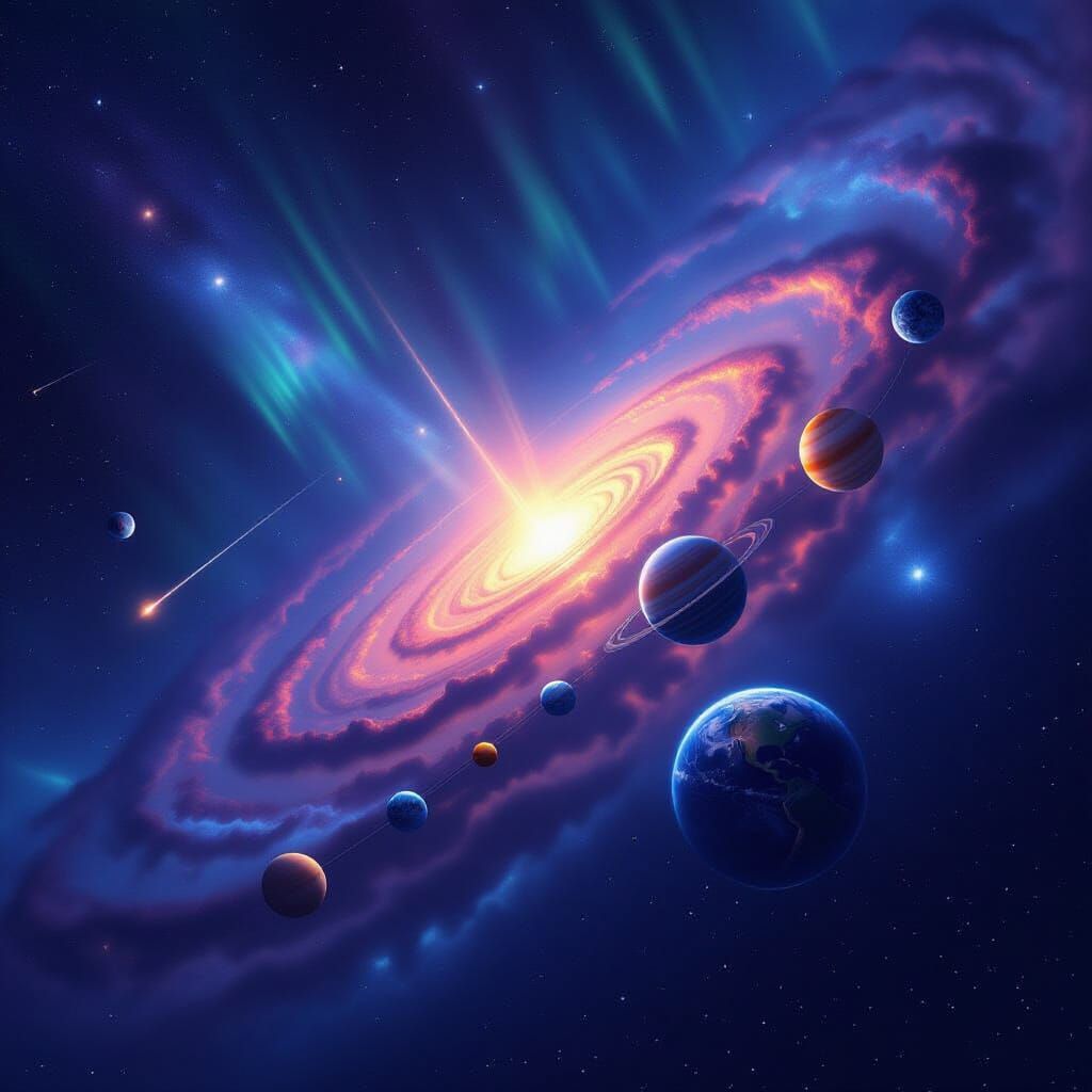 Deep Space Vista with Galaxy, Aurora, and Planets