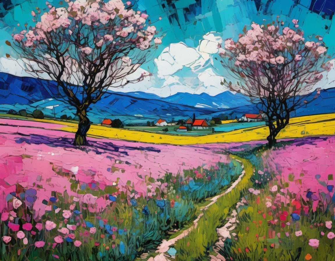 Vibrant Spring Blooms in a Grunge Pop Art Landscape