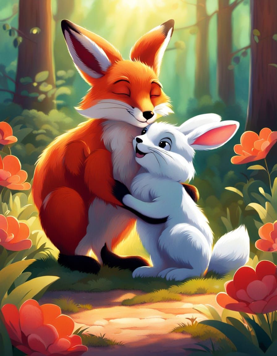 Romantic Fox and Rabbit in Vibrant Forest