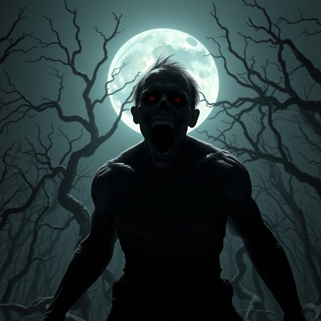 Figure Frozen in Terror Under Eerie Moonlight in Dark Fantas...