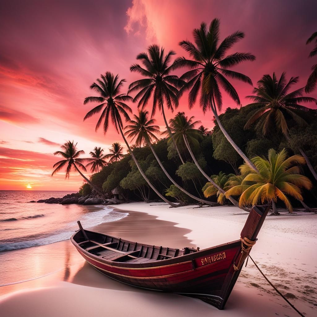 Tropical Beach Sunset with Pirate Ship