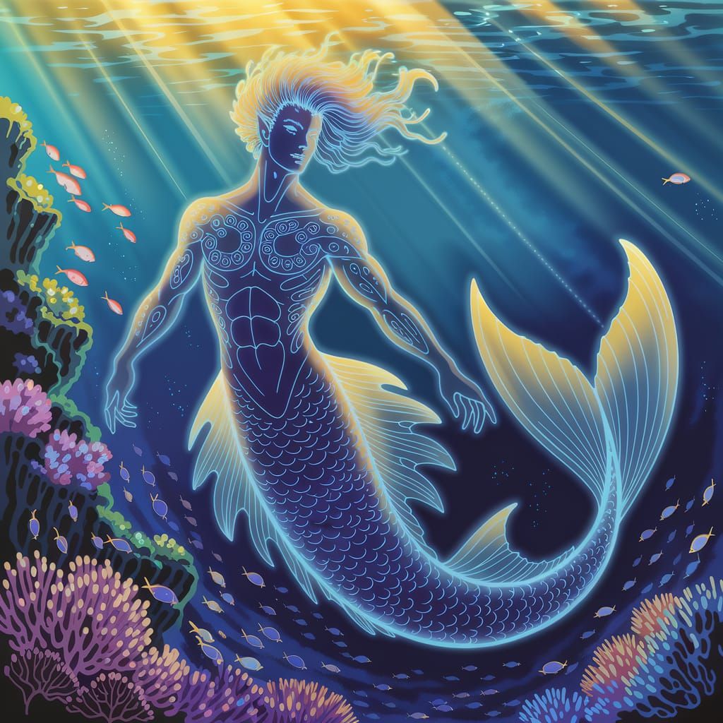 Bioluminescent Merman in Coral Reef: Anime Style