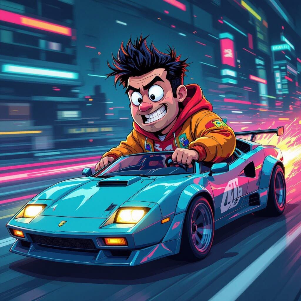 Cartoon Driver in Fast Car: A Retrofuturistic Caricature