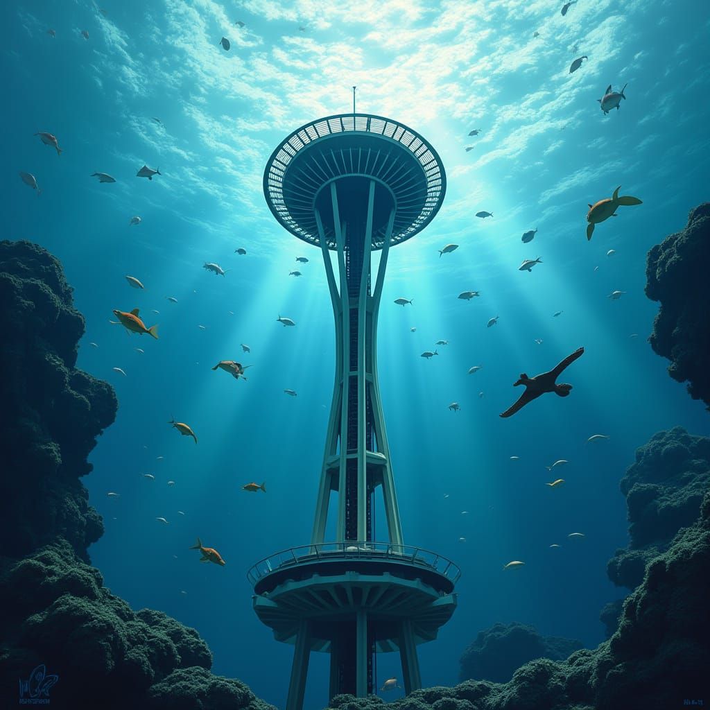 Majestic Space Needle Underwater with Vibrant Marine Life