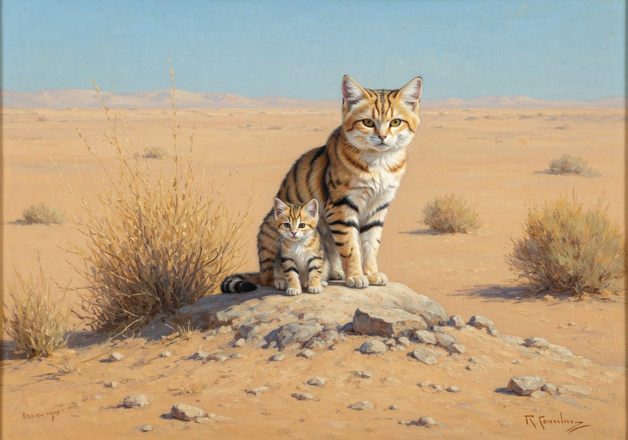 Sand Cat Family in Desert Landscape Oil Painting