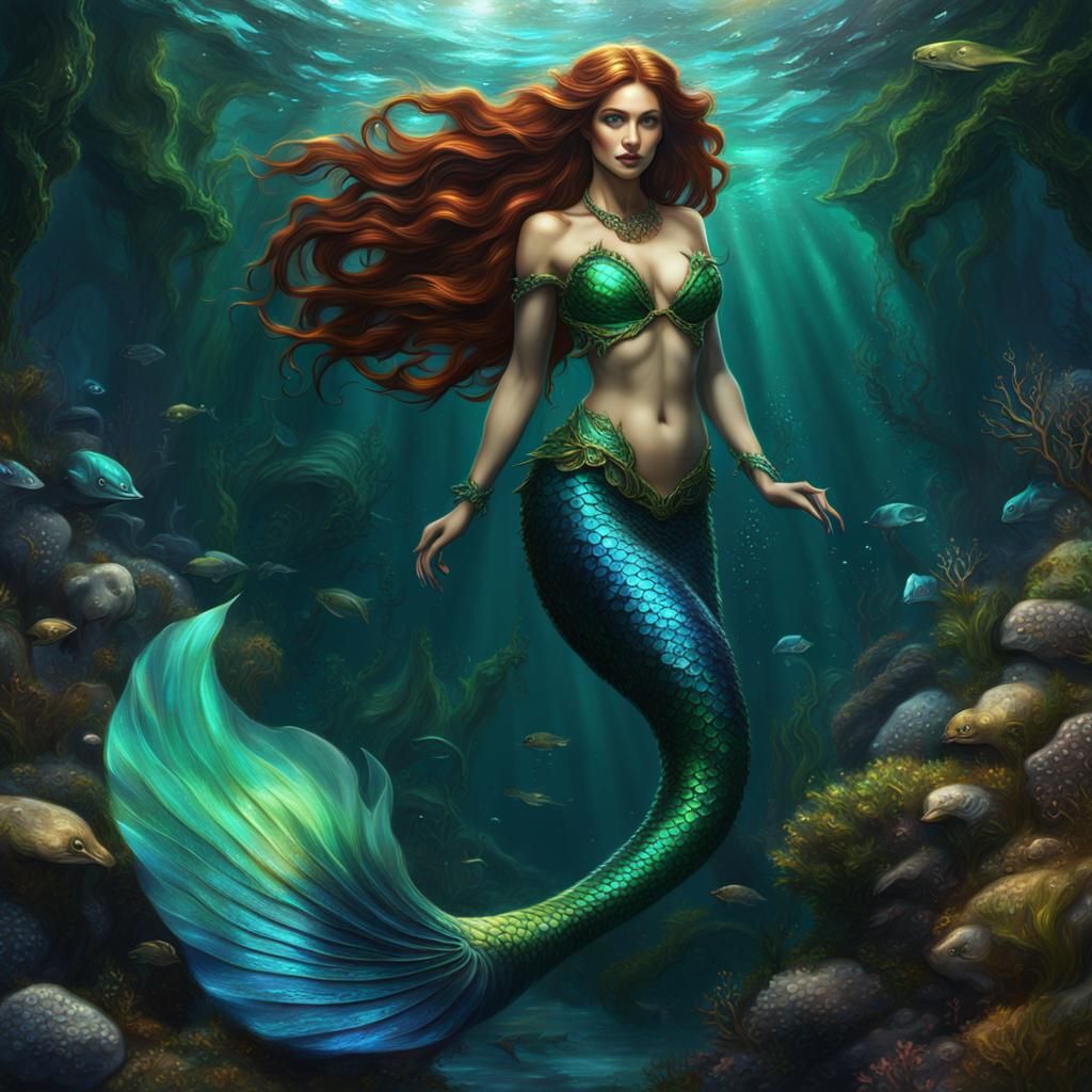 Siren Mermaid with Shimmering Tail, Digital Painting