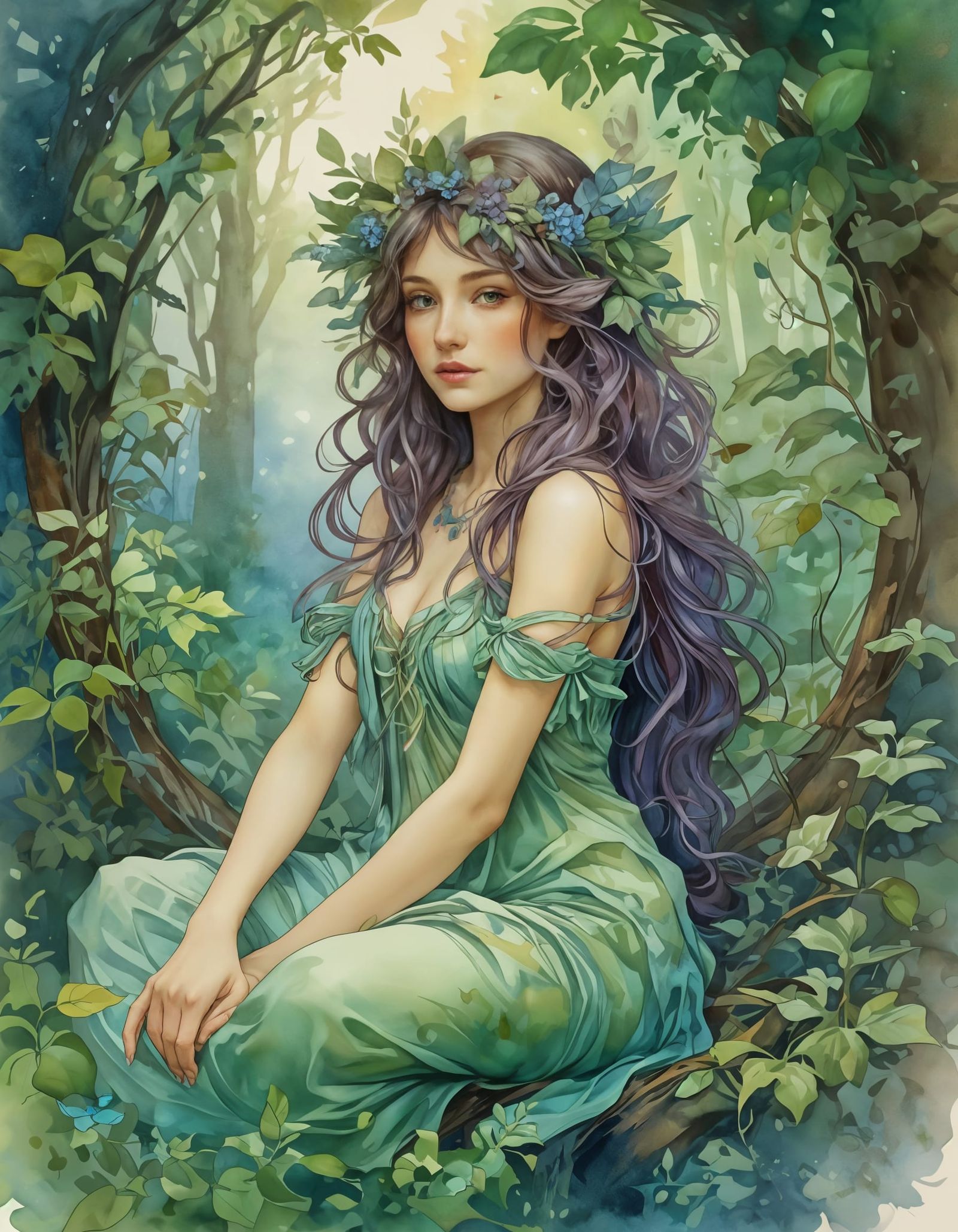 Watercolor Forest Spirit in Dark Forest