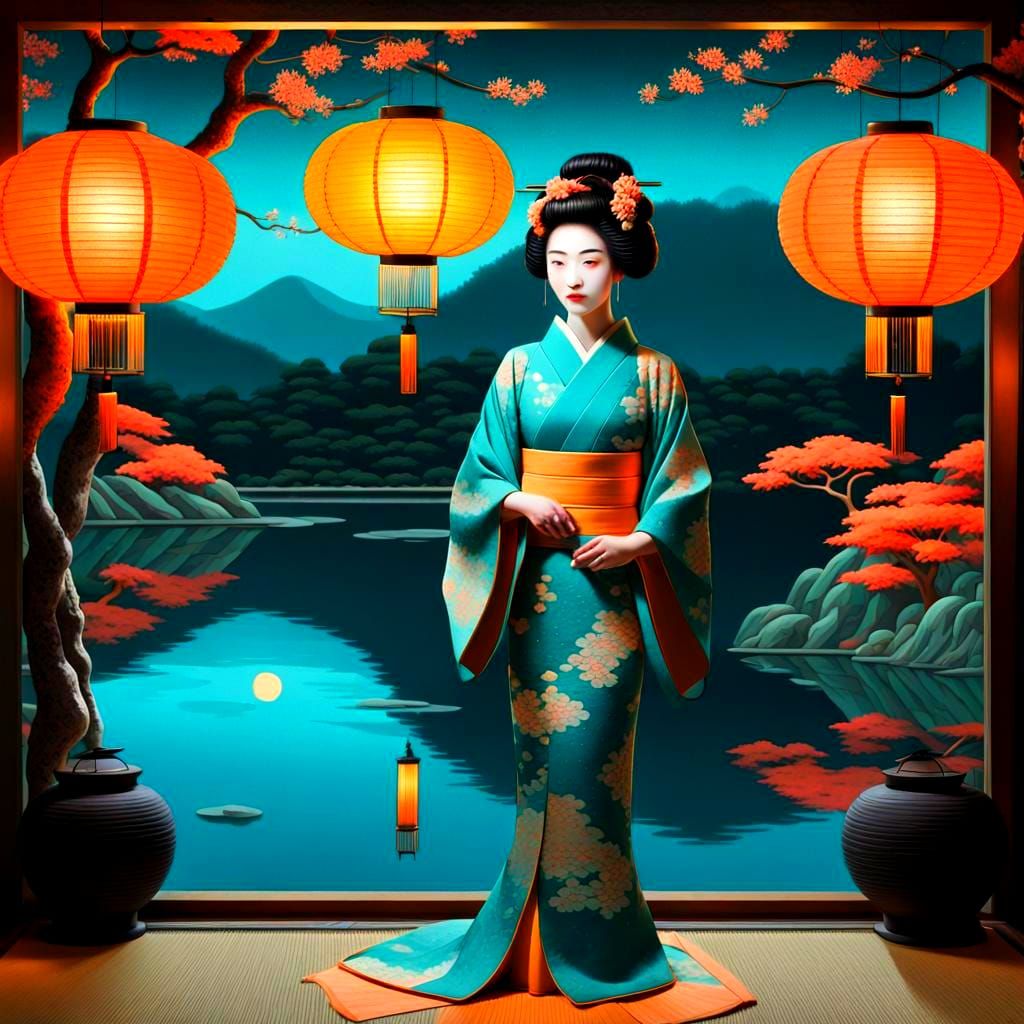 Bioluminescent Geisha in Tea Room with Lanterns
