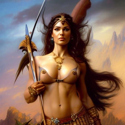 Exotic Female Warrior in Hyperrealistic Painting