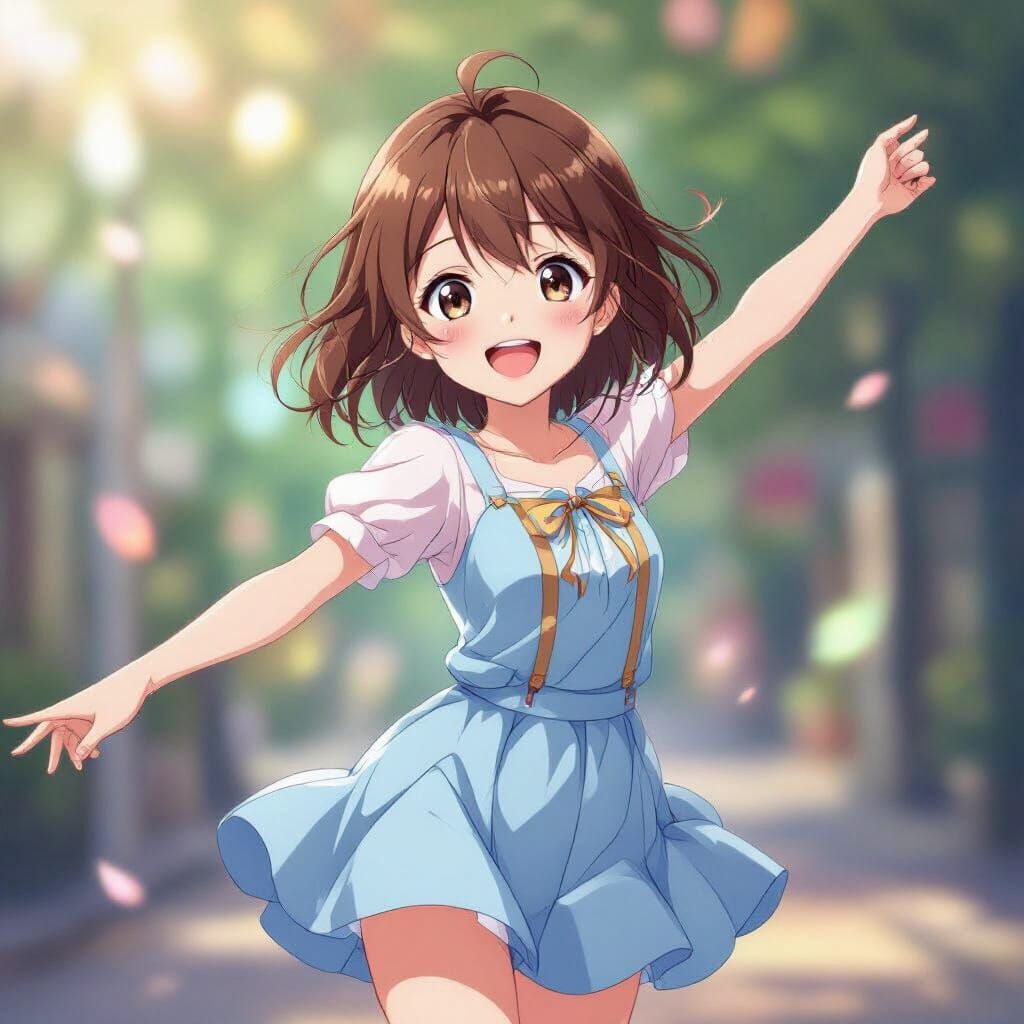 Happy Anime Girl Dancing in Vibrant Cel-Shaded Style