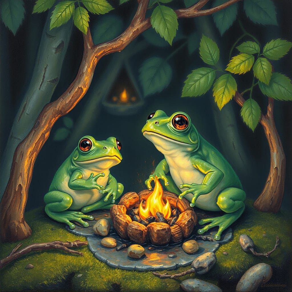 Cozy Anthropomorphic Frogs Camping: Oil Painting