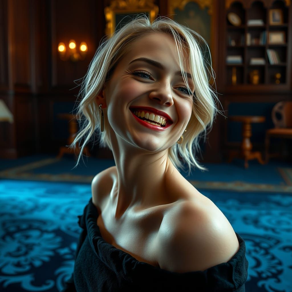 Laughing Blonde on Velvet in Hyperrealistic Style