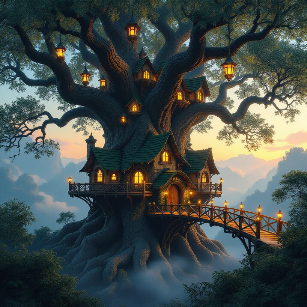 Enchanted Treehouse Village Glowing at Night