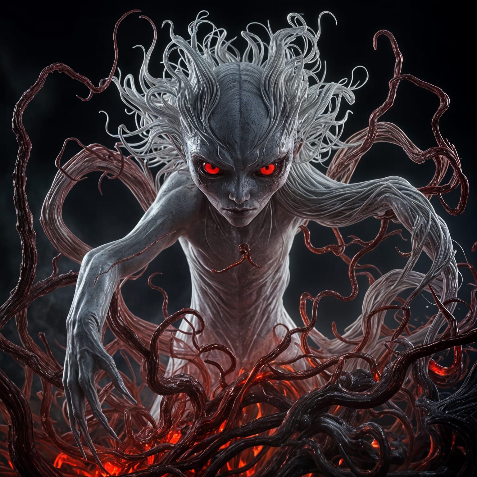 Surreal Horror Creature with Glowing Red Eyes and Melting Ef...