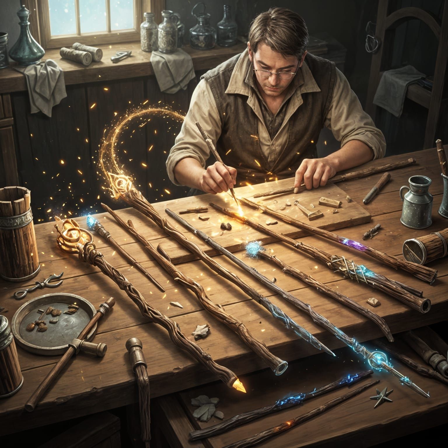 Magic Wandmaker Crafts Enchanted Wands at Workbench