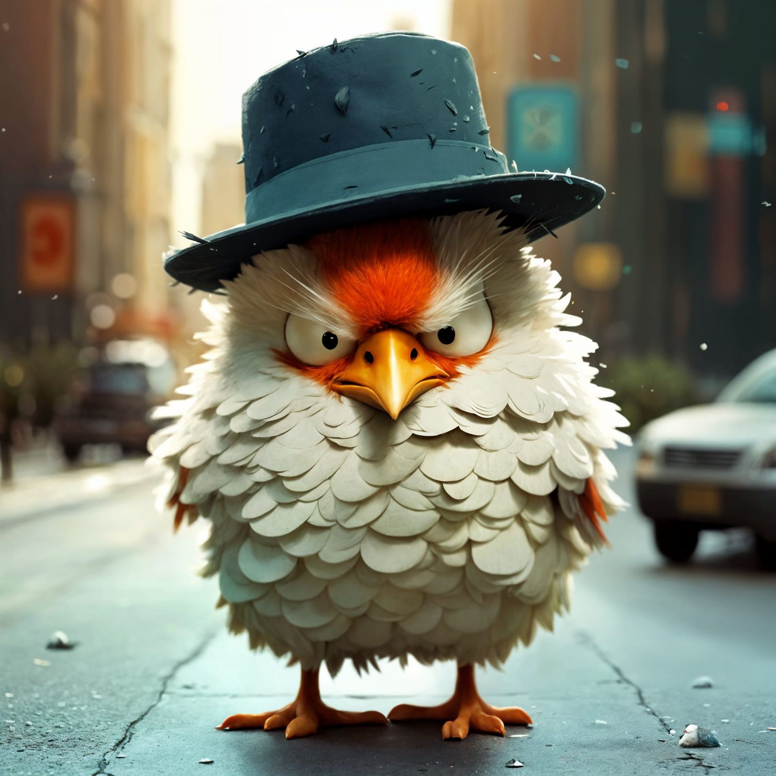 Furious Chick in Fedora: Expressive Digital Art