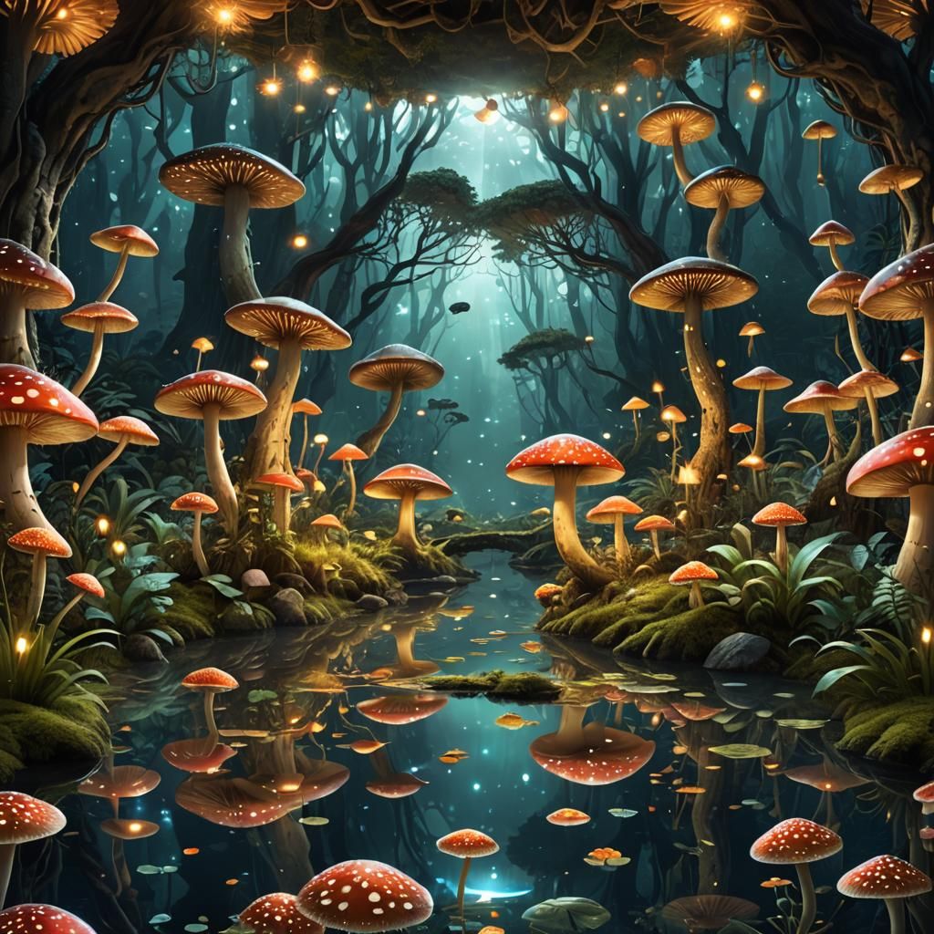 Mystical Forest with Glowing Mushrooms and Geometric Design