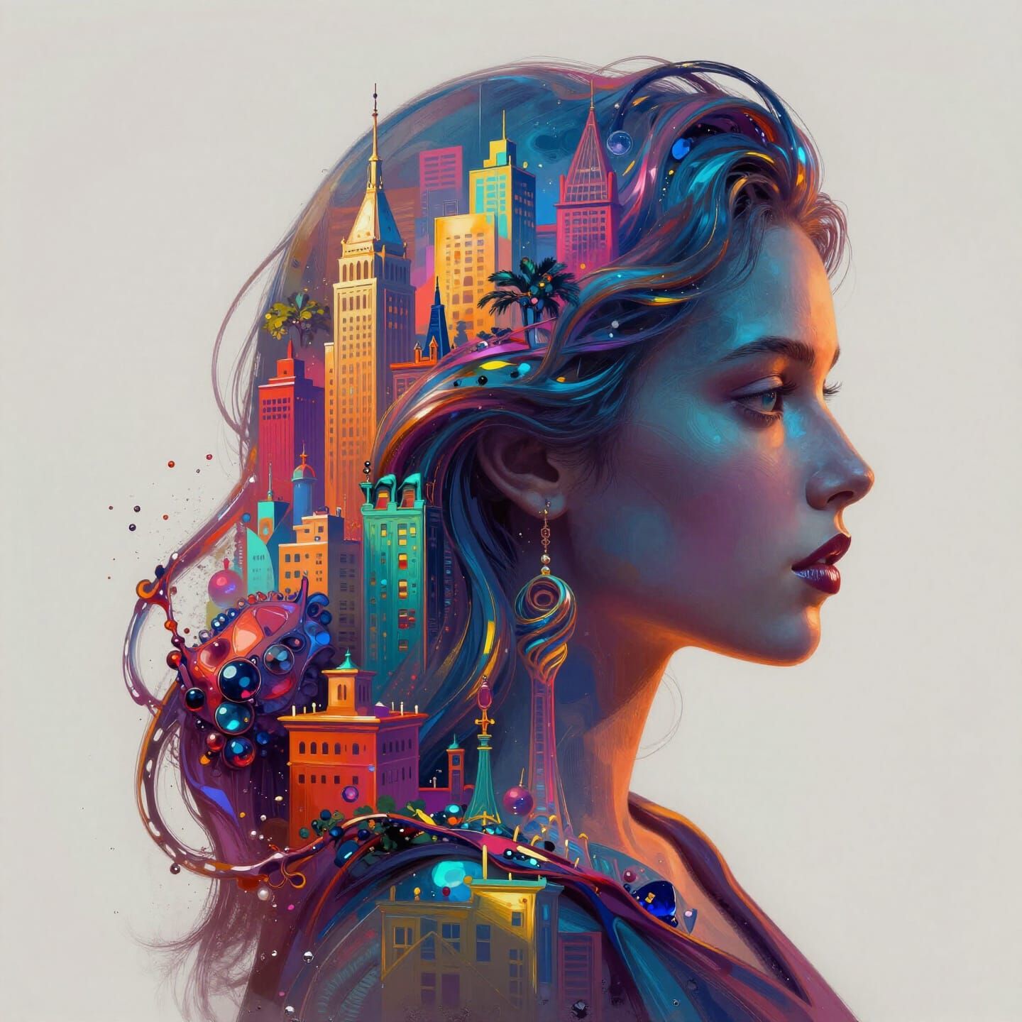 Vibrant Cityscape Inside Woman Silhouette - Hyperrealistic A...