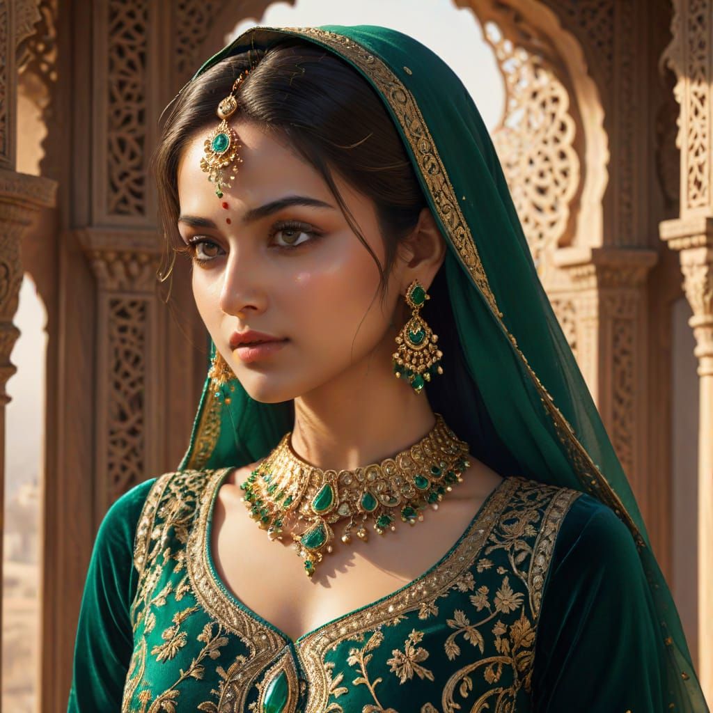 Regal Muslim Woman in Mughal Miniature Art